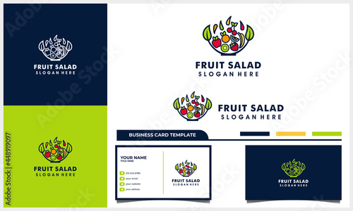 fruit salad with bowl line art style logo concept and business card template