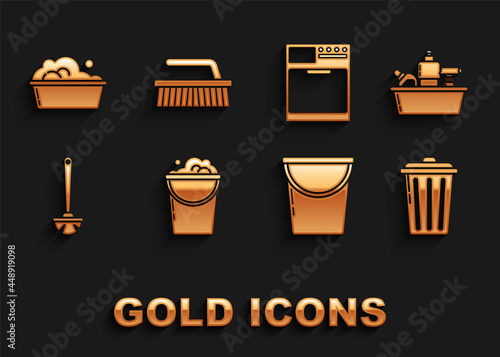 Set Bucket with foam and bubbles, Plastic bottles for liquid dishwashing liquid, Trash can, Toilet brush, Washer, basin soap suds and Brush cleaning icon. Vector