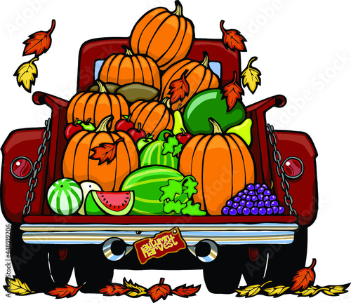 back of vintage 1950s truck | pumpkins and leaves