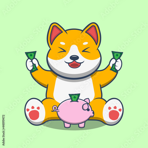 Shiba Inu Holding Money And save at Piggy Bank Cartoon Vector Icon Illustration.