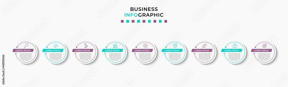 Fototapeta premium Vector Infographic design business template with icons and 9 options or steps. Can be used for process diagram, presentations, workflow layout, banner, flow chart, info graph