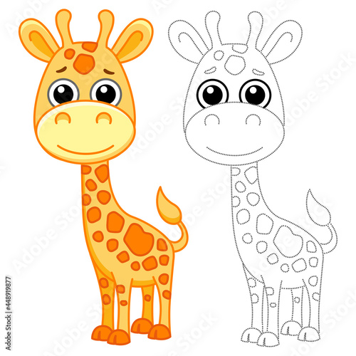 Zoo animal for children coloring book. Funny giraffe in a cartoon style. Trace the dots and color the picture