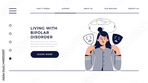 Bipolar disorder web template. Woman shows two face mask with happy and unhappy mood. Manic depression, mental disorder, manic-depressive psychosis concept for homepage.Flat vector illustration
