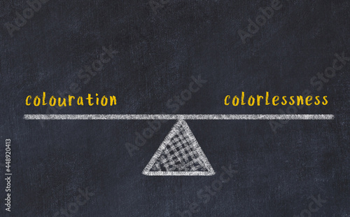 Chalk drawing of scales with words colouration and colorlessness. Concept of balance photo