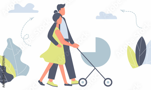 Happy mother and father on walk with newborn in stroller. Parents pushing pram with child in park. Young mom and dad with baby in pushchair isolated on white background in funky figures style. Raster