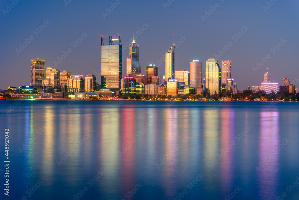 Sunset view of Perth city buildings and the Swan River seen from Mill Point. The modern city of Perth is the state capital of Western Australia, Australia.
