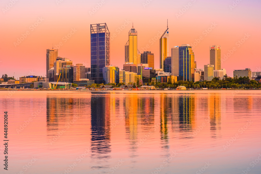 Sunrise view of Perth city buildings and the Swan River seen from Mill Point. The modern city of Perth is the state capital of Western Australia, Australia.