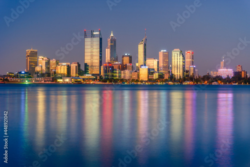 Sunset view of Perth city buildings and the Swan River seen from Mill Point. The modern city of Perth is the state capital of Western Australia  Australia.