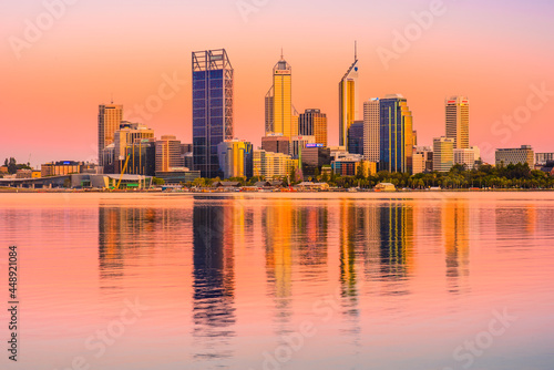 Sunrise view of Perth city buildings and the Swan River seen from Mill Point. The modern city of Perth is the state capital of Western Australia  Australia.