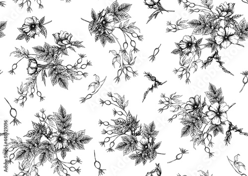 Rose hips with flowers and berries seamless pattern. Graphic drawing, engraving style. Vector illustration in black color on white background