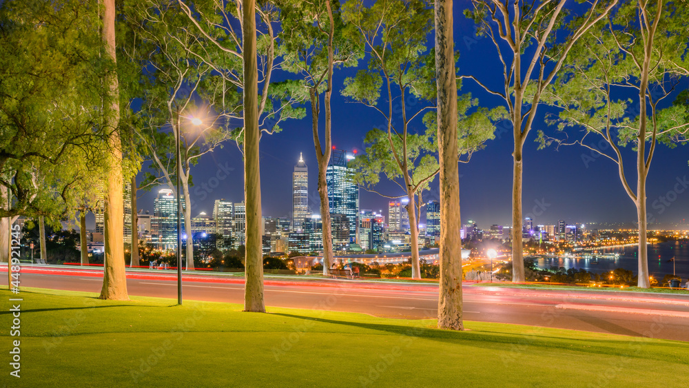 Perth city buildings framed by gum trees located in Kings Park. Perth ...