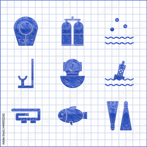 Set Aqualung, Fish, Rubber flippers for swimming, Floating buoy on the sea, Diving belt, Snorkel, Cold and waves and hood icon. Vector