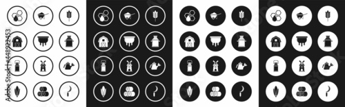 Set Cereals with rice, wheat, corn, oats, rye, Udder, Farm House concept, Honeycomb, Can container for milk, Wheelbarrow dirt, Watering can and icon. Vector