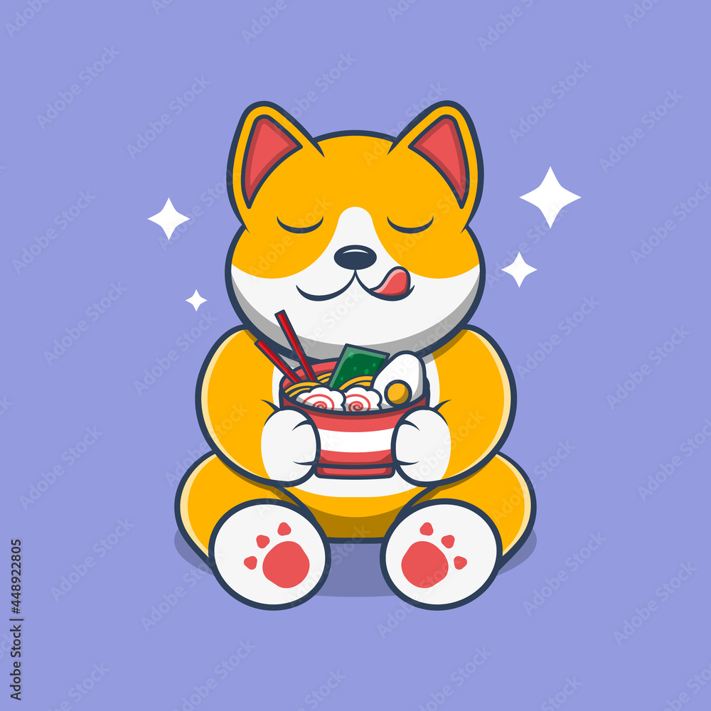 Fototapeta premium Dog Holding Noodles Bowl Cartoon Vector Icon Illustration.