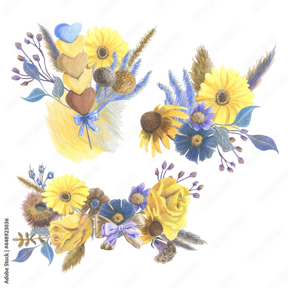 Fototapeta premium Collection of arrangements of botany elements, yellow flowers, abstract spot and candy with hearts made in the technique of colored pencils. Hand drawn.
