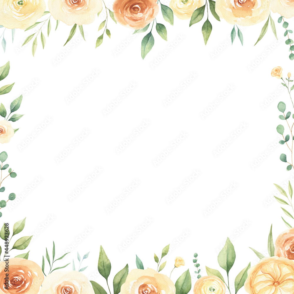 Watercolor boho roses frame isolated on white background. Perfect for wedding invitations, greeting cards. Watercolor boho roses frame isolated on white background. Perfect for wedding invitations, greeting cards.