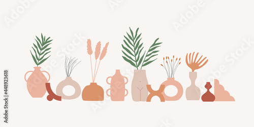 Collection of trendy ceramic vases with plants. Composition of earthy jags and flower pots in minimalistic pastel terracotta colors. Vector boho scandinavian style of pottery. Flat style illustration.