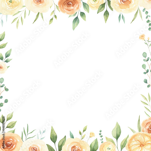 Watercolor boho roses frame isolated on white background. Perfect for wedding invitations  greeting cards. 