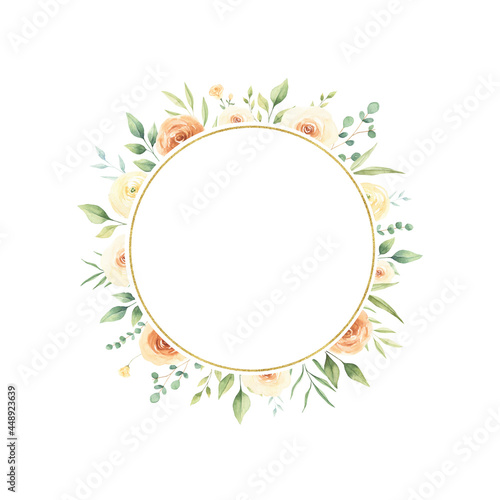 Watercolor boho roses frame isolated on white background. Perfect for wedding invitations, greeting cards. 