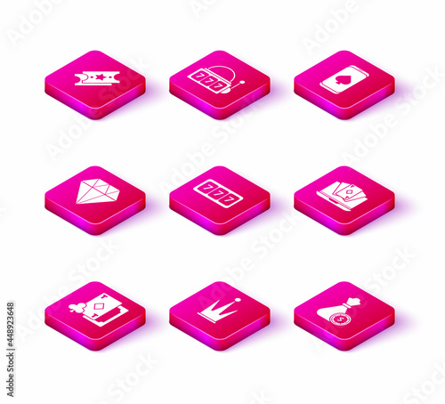 Set Playing card with diamonds, Crown, Diamond, Slot machine lucky sevens jackpot, Money bag and casino chips, Online poker table game, and icon. Vector