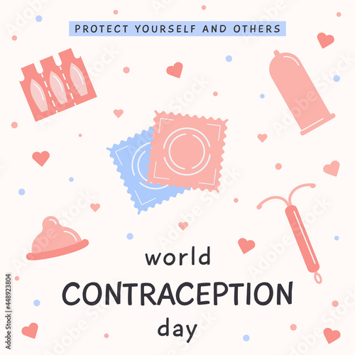 World Contraception Day Greeting Card. Contraceptive items for safe sex. Birth control. Sex education web banner or post template. Vector illustration in flat cartoon style.