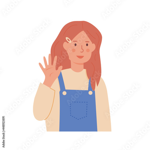 Little smiling girl with red hair waving hand. Smiling kid in greeting gesture saying hi or bye. Portrait of child from kindergarten or elementary school. Isolated flat style vector illustration.