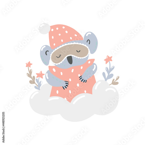 Cute koala sleeps on a cloud with a pillow and a sleep mask. Children vector illustration in the Scandinavian style photo