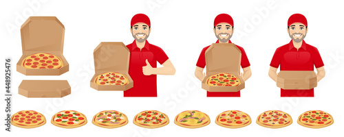 Handsome delivery man in red uniform in different poses holding showing pizza tasty set vector illustration isolated