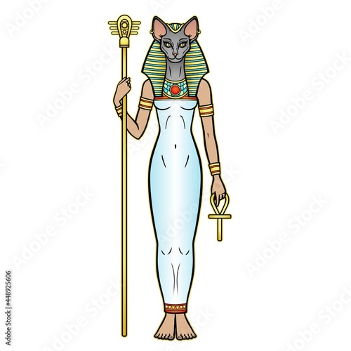 Animation portrait Ancient Egyptian goddess Bastet (Bast) holds symbols of power: staff and cross. Sacred woman cat. Vector illustration isolated on a white background. 