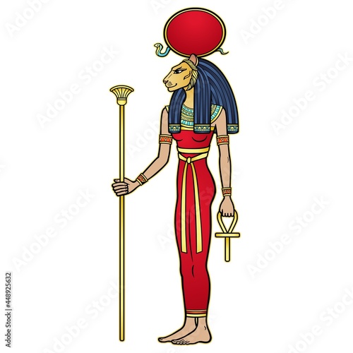 Animation portrait Ancient Egyptian goddess Sehmet (Tefnut) holds symbols of power: staff and cross. Sacred woman Lioness. Lord of Fire, Desert and War.Vector illustration isolated on a white 