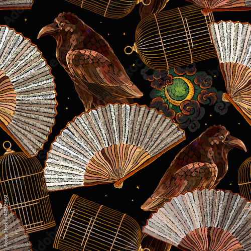 Alchemy seamless pattern. Gothic raven, golden cage and japanese fan. Black magic art. Embroidery template for clothes, textile. Esoteric medieval style