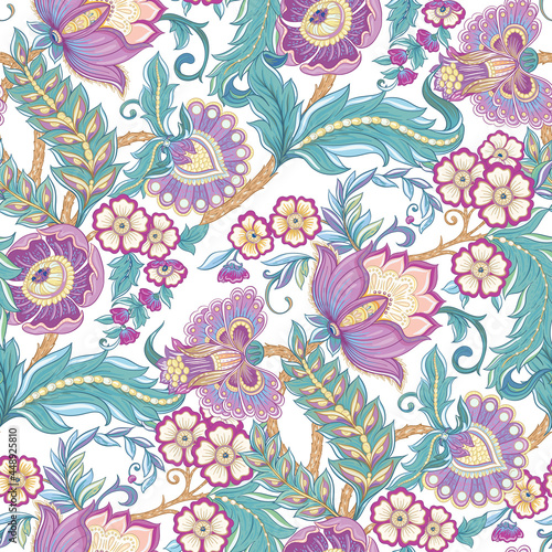 Seamless pattern with stylized ornamental flowers in retro, vintage style. Jacobin embroidery. Colored vector illustration isolated on white background.