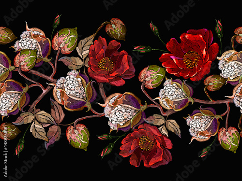 White cotton flowers and red roses. Horizontal seamless pattern. Spring floral art. Oriental botanical background. Vector illustration. Fashion template for clothes, textiles and t-shirt design