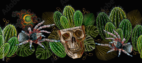 Human skull, cactus and spider tarantula seamless patteern. Embroidery. Gothic halloween template for clothes, textiles, t-shirt design. Ancient treasures in the jungle art