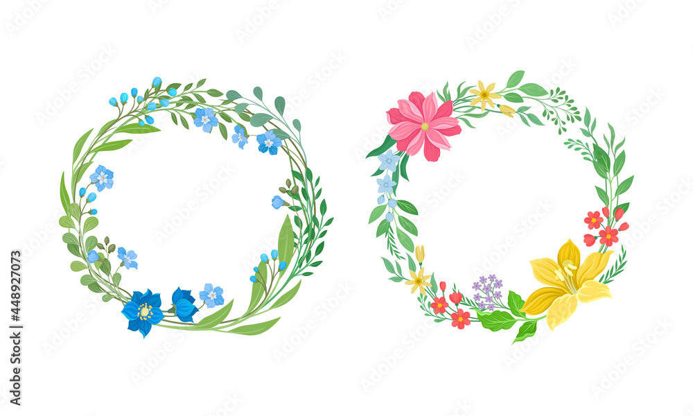 Wreath of Blooming Flower Branch and Foliage as Nature Vector Composition Set