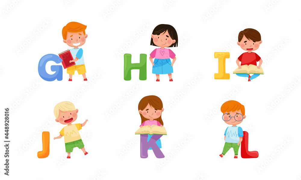 Cheerful Kids Standing with Big Alphabet Letters Vector Set