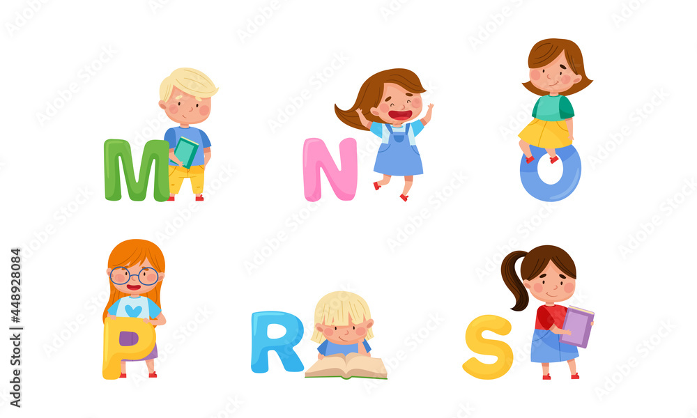 Cheerful Kids Standing with Big Alphabet Letters Vector Set