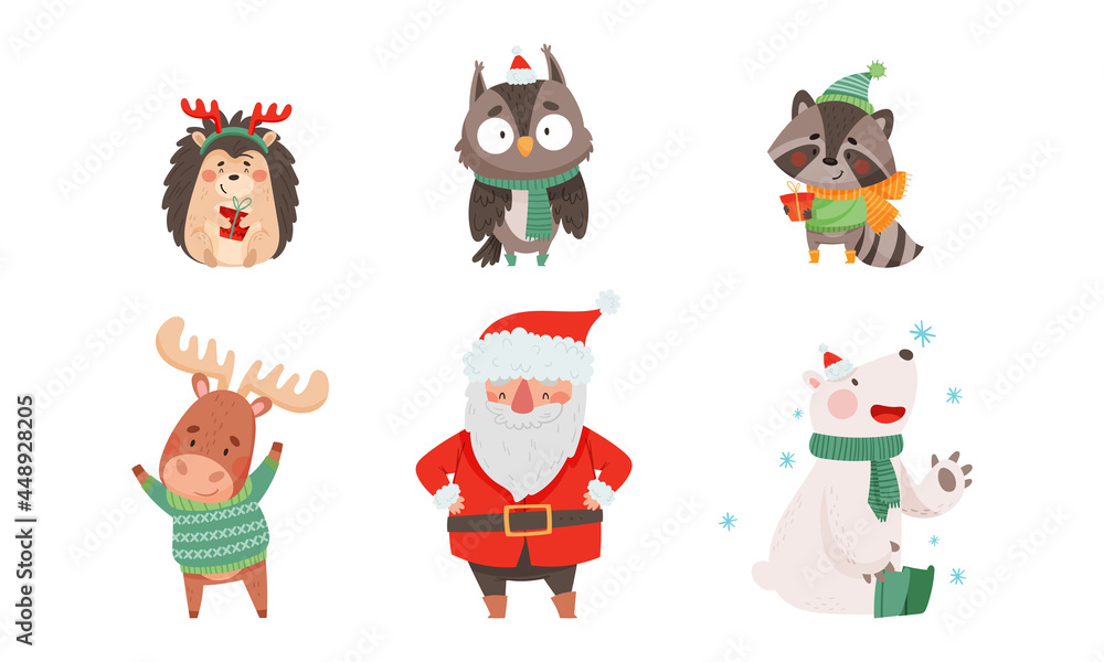 Christmas Characters with Animals Wearing Knitted Scarf and Sweater and Santa Claus Vector Set Christmas Characters with Animals Wearing Knitted Scarf and Sweater and Santa Claus Vector Set