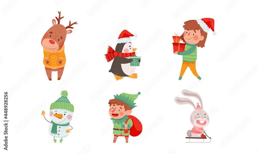 Fototapeta premium Christmas Characters with Animals Wearing Knitted Scarf and Sweater Vector Set