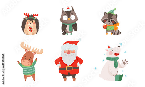 Christmas Characters with Animals Wearing Knitted Scarf and Sweater and Santa Claus Vector Set