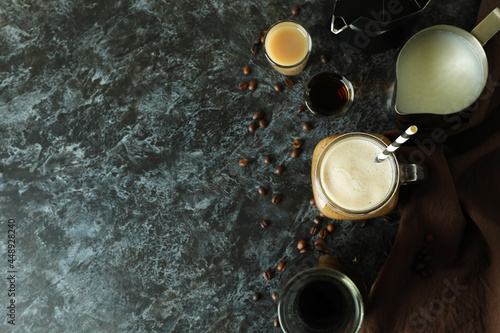 Concept of making Irish coffee on black smokey table