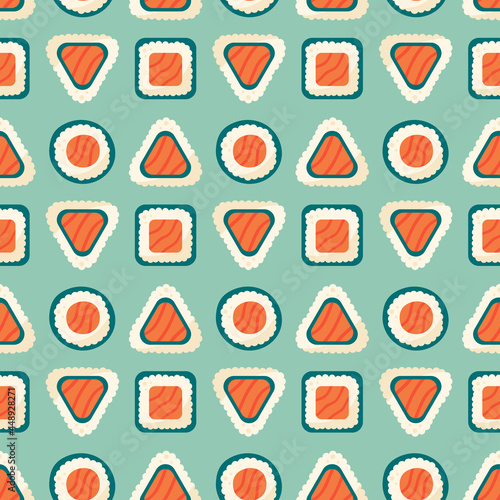 Sushi rolls with salmon fish, rice and nori seaweed. Asian food delivery. Seamless pattern, texture, background. Packaging design, wrapping paper. Editable background color.