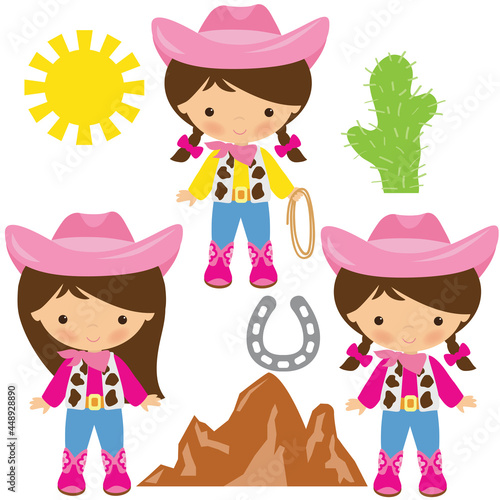 Cute little cowgirls vector cartoon illustration
