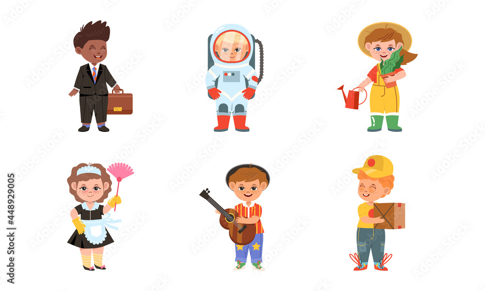 Cheerful Children Depicting Different Professions Like Astronaut and Gardener Vector Set Cheerful Children Depicting Different Professions Like Astronaut and Gardener Vector Set