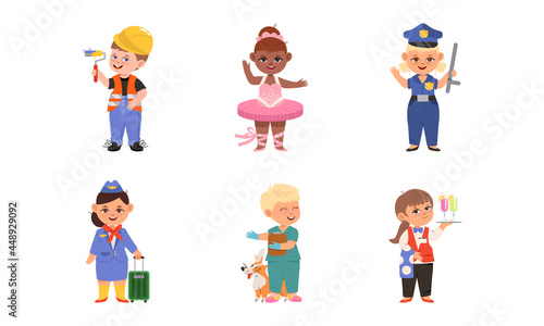 Cheerful Children Depicting Different Professions Like Ballerina and Waiter Vector Set