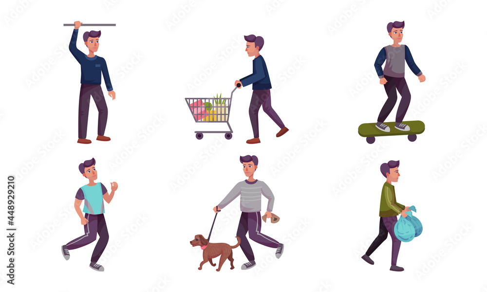 Young Man Running, Walking the Dog and Doing Shopping Vector Illustration Set