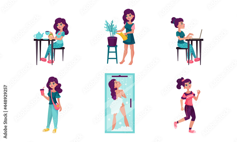 Young Woman Running, Taking Shower and Sitting at Laptop Vector Illustration Set