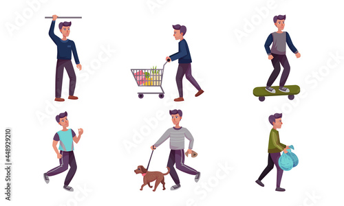Young Man Running  Walking the Dog and Doing Shopping Vector Illustration Set