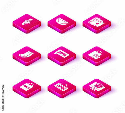 Set Shoping bag with Sale, Hanging sign Open, Socks, Seventy discount percent tag, Percent and monitor, Gift box, Stacks paper money cash and Underwear icon. Vector