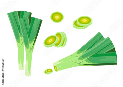 Set of leeks on a white background. Whole and chopped vegetable.